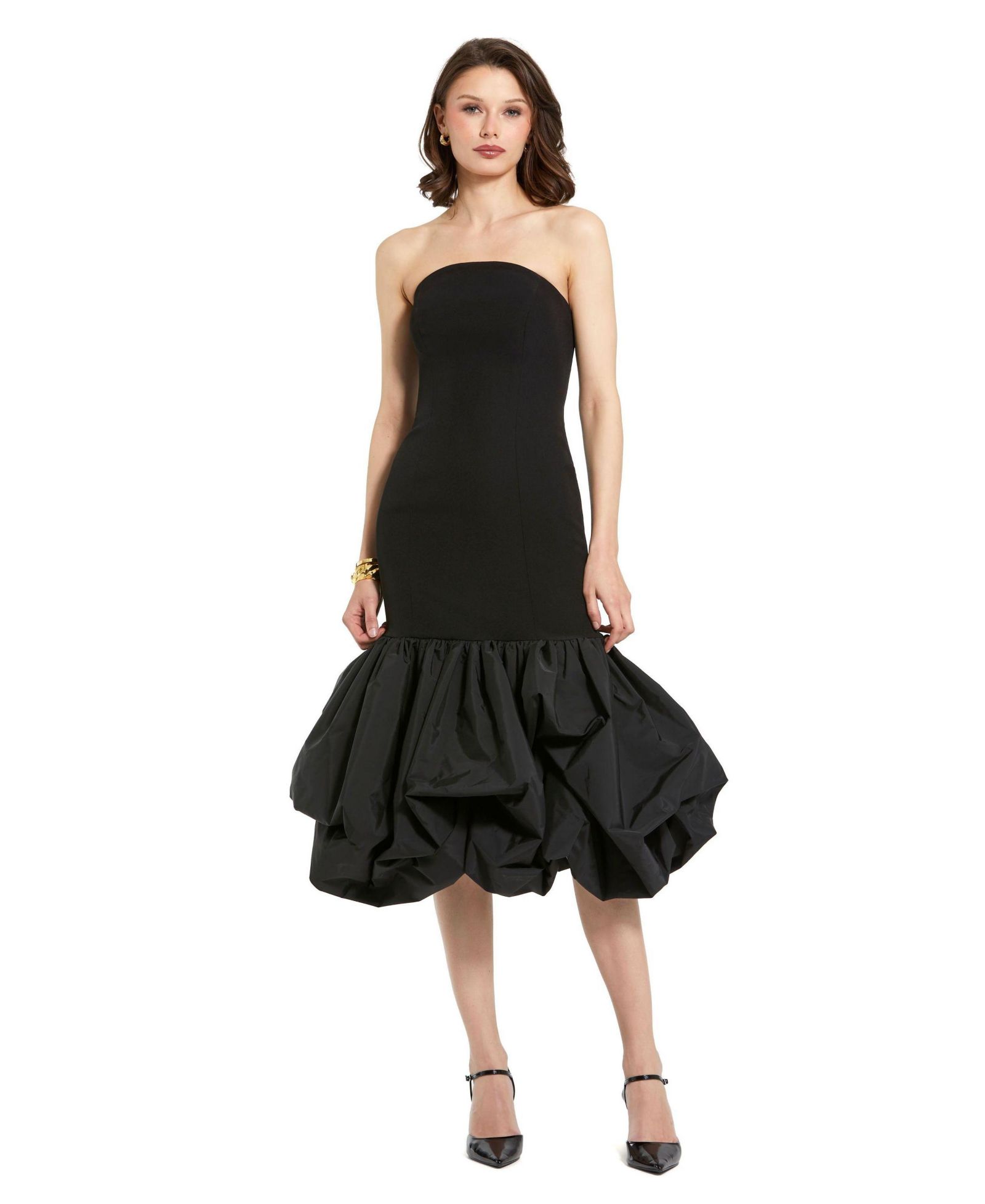 Женское платье Mac Duggal Crepe Strapless Midi With Taffeta Bubble Hem