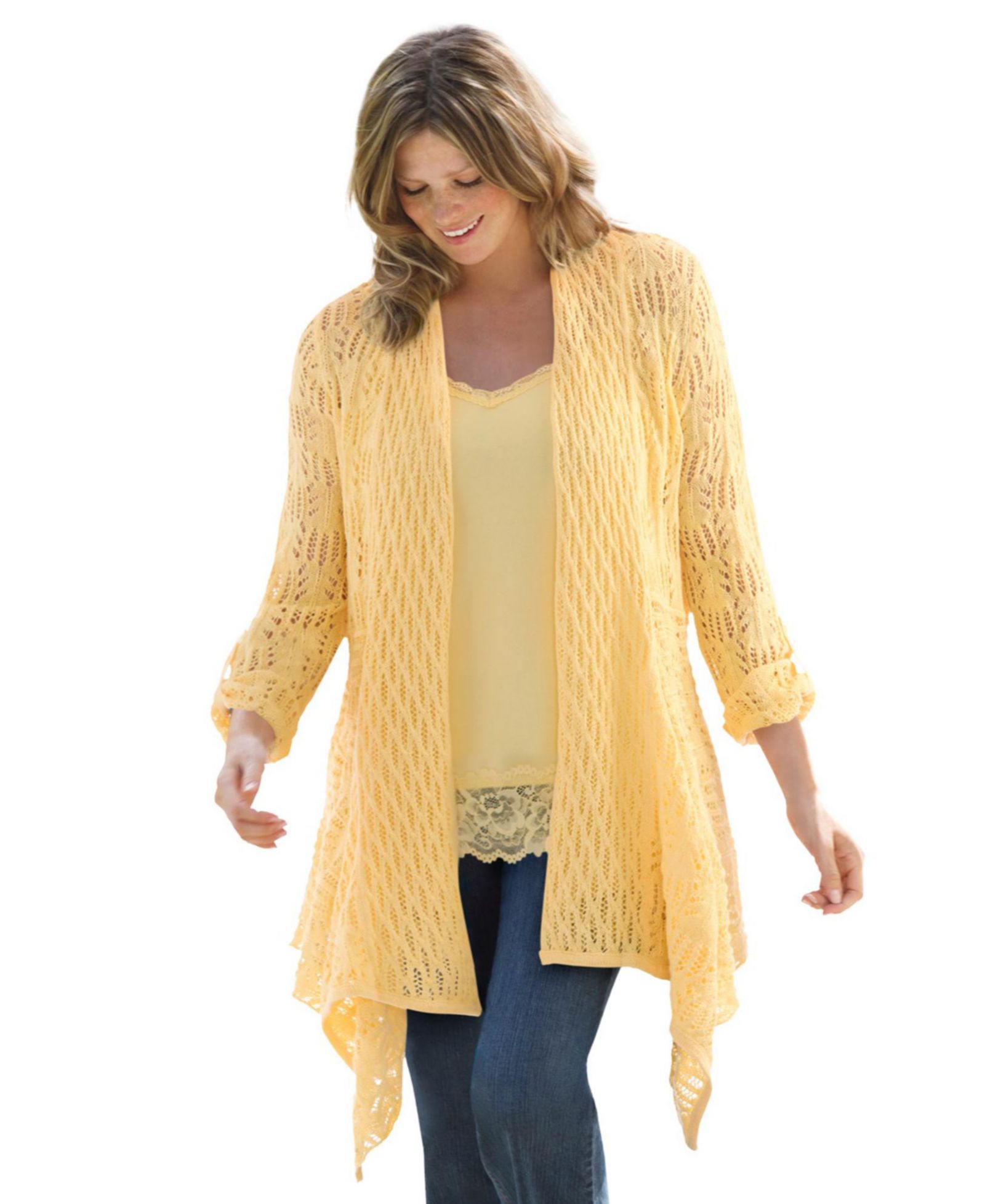 Woman Within Plus Size Within Open Front Pointelle Cardigan Sweater