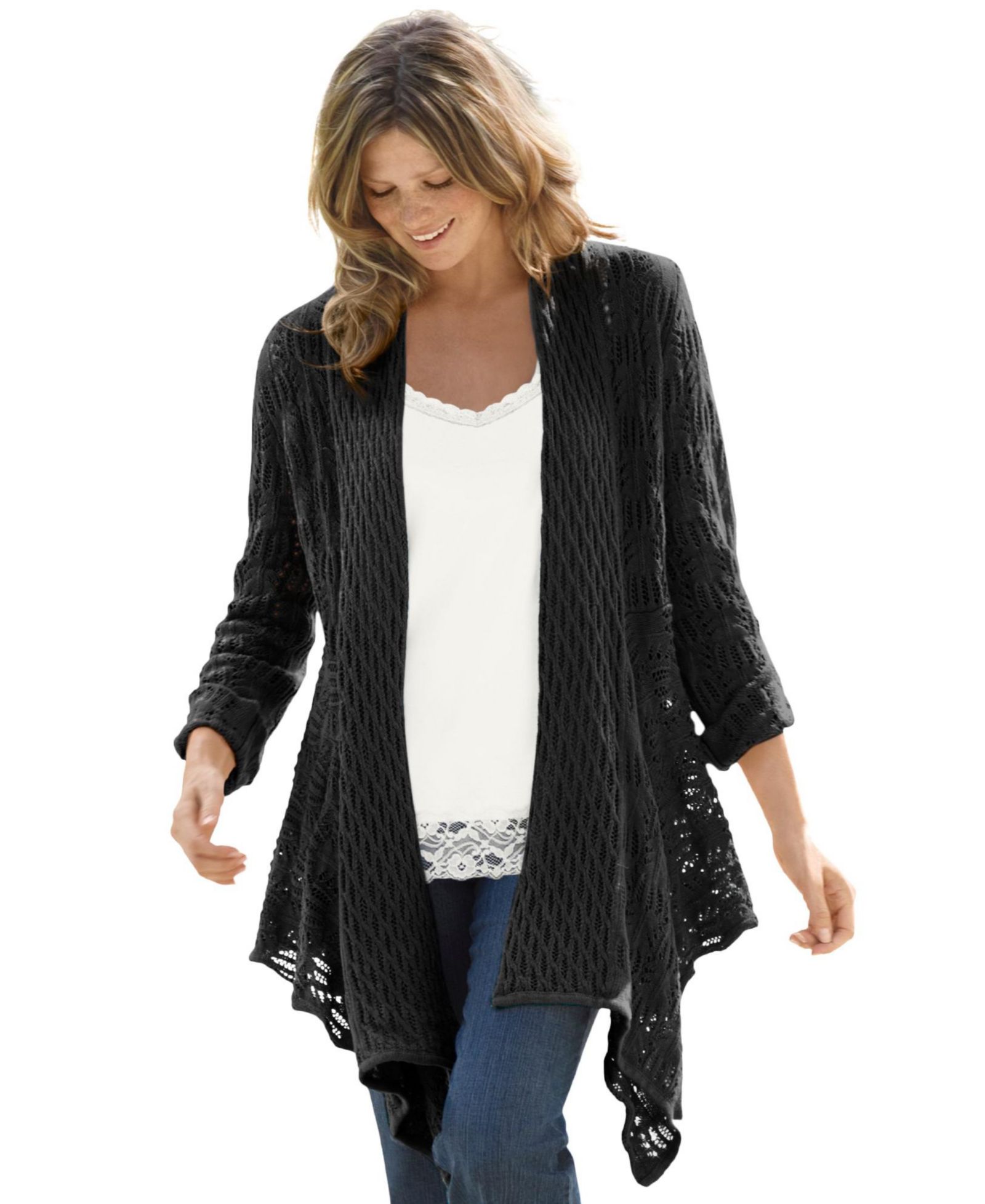 Woman Within Plus Size Within Open Front Pointelle Cardigan Sweater