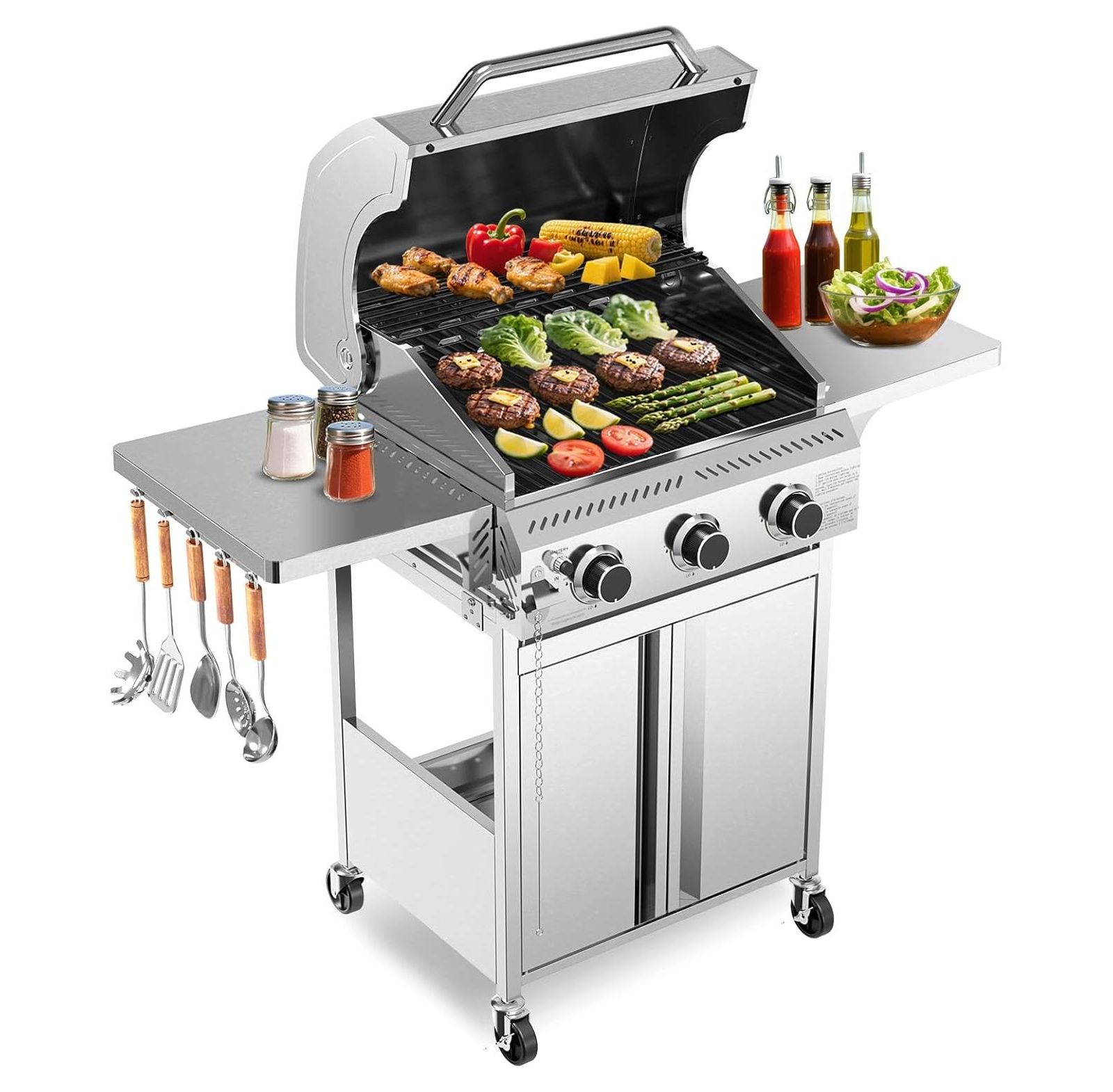 Cowsar Food Grade Stainless Steel 3-Burner Propane Gas Grill, 24000BTU , Foldable Side Table, Barbecue Grill for Outdoor Cooking, Backyard, Patio