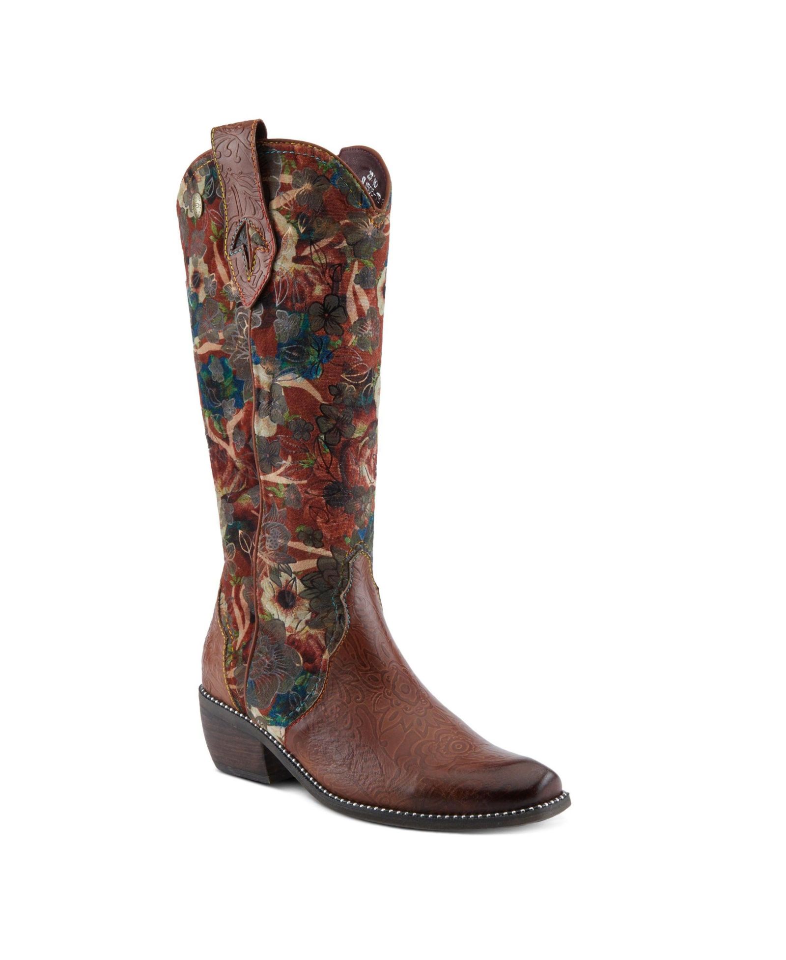 L Artiste Women s RODEOQUEEN-VIV Western Tall Boots with Embossed Leather, Floral Velvet Shaft, and Stacked Heel