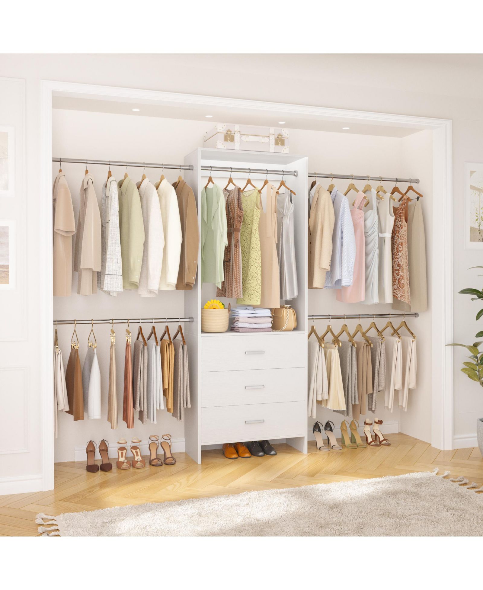 Aheaplus 3 Wood Drawers and 4 Retractable Hanging Rods Adjustable Closet System