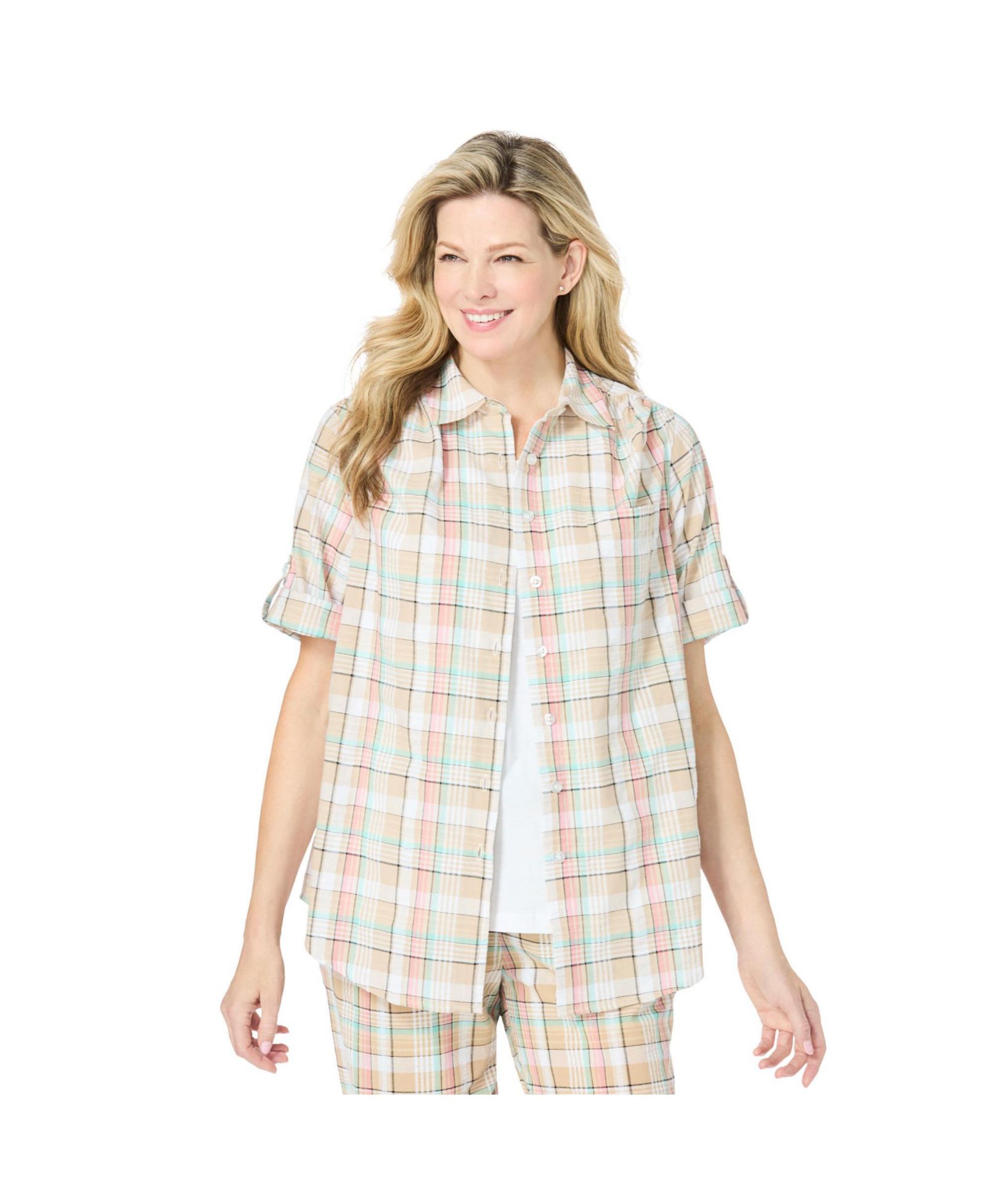 Woman Within Plus Size Within Short-Sleeve Button-Down Cotton Seersucker Shirt