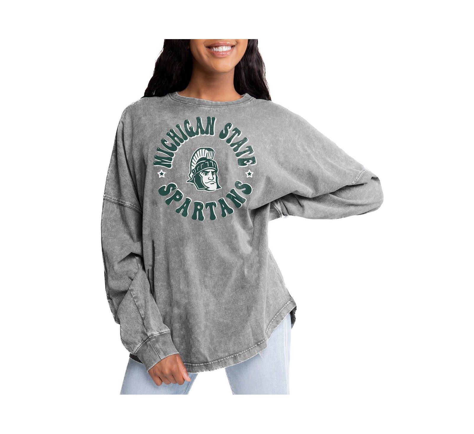 Gameday Couture Women's Gray Michigan State Spartans Playing Around Faded Wash Oversized Long Sleeve T-Shirt