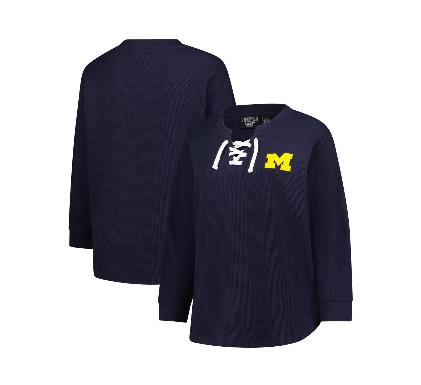 Женская футболка Fanatics Navy Michigan Wolverines Lace-Up Waffle Knit Plus Size Long Sleeve T-Shirt