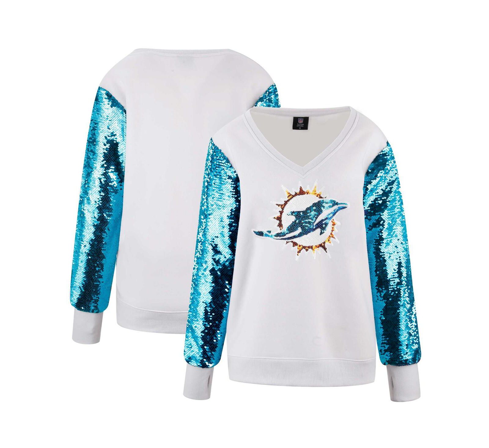 Свитшот Cuce Women's White Miami Dolphins Sequin Sleeve V-Neck