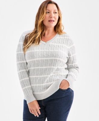 Style & Co Plus Size Striped Cable-Knit V-Neck Sweater, Macy's Exclusive