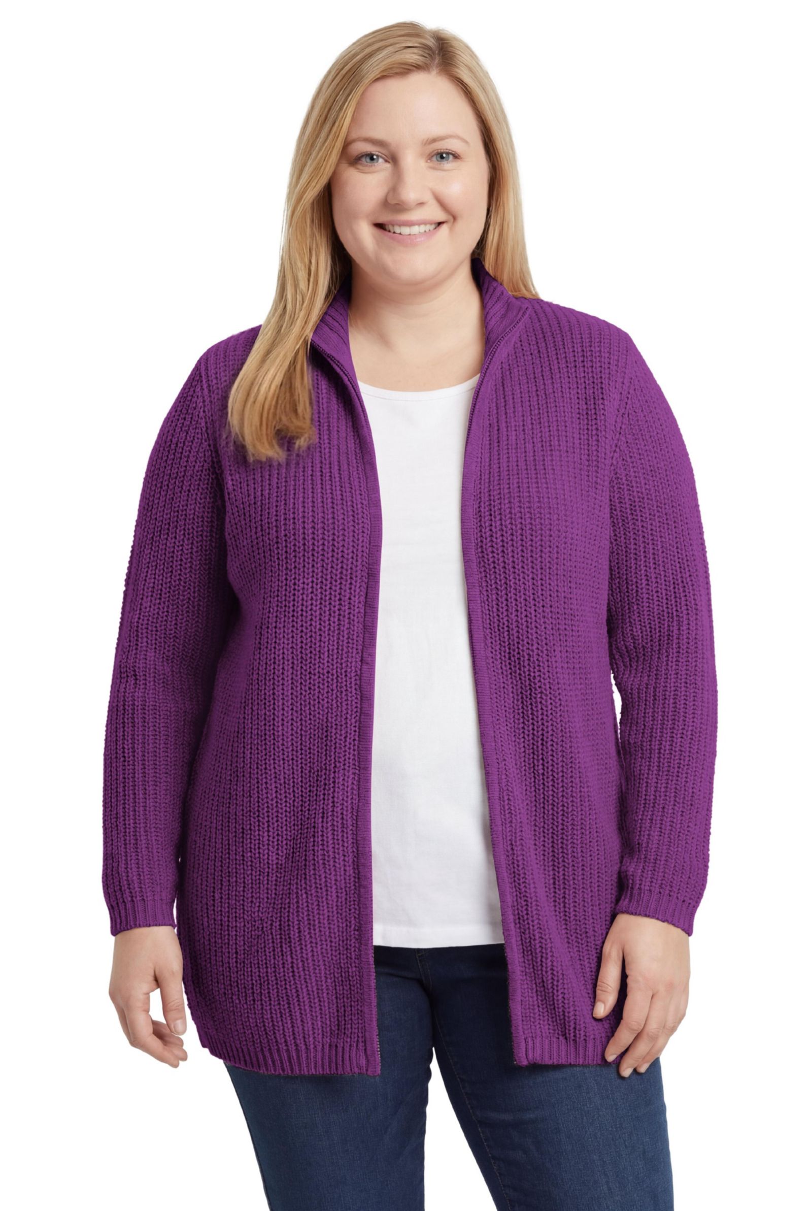 Woman Within Plus Size Within Zip Front Shaker Cardigan Sweater