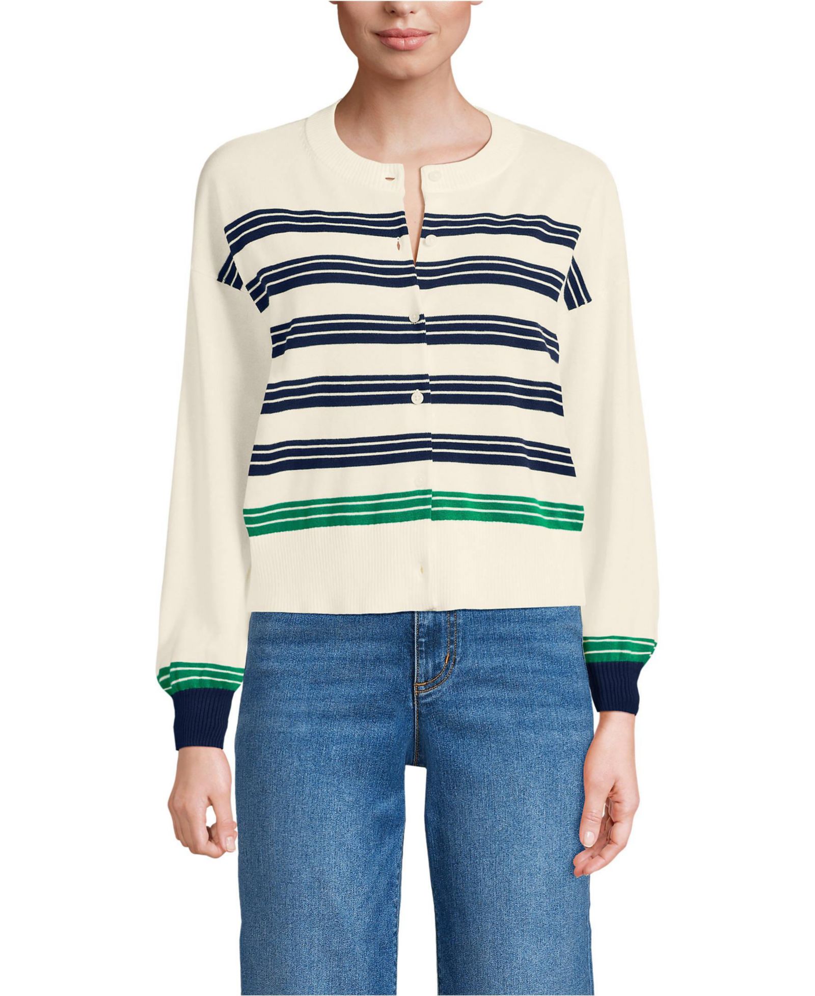 Lands' End Women's Modern Length Fine Gauge Crew Neck Cardigan Sweater