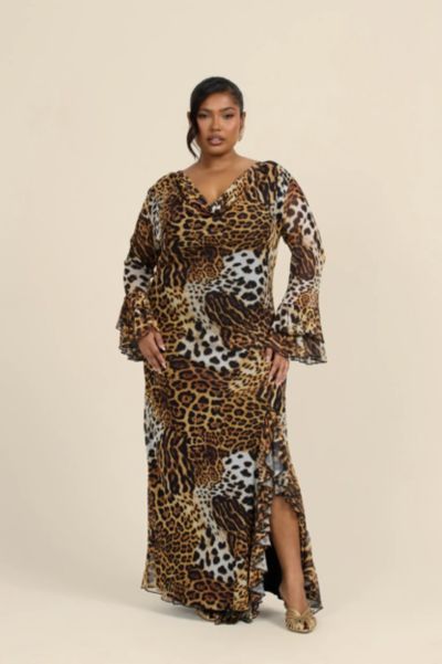 FASHION-SZN CURVE Women's Ruffle Leopard Print Maxi Dress