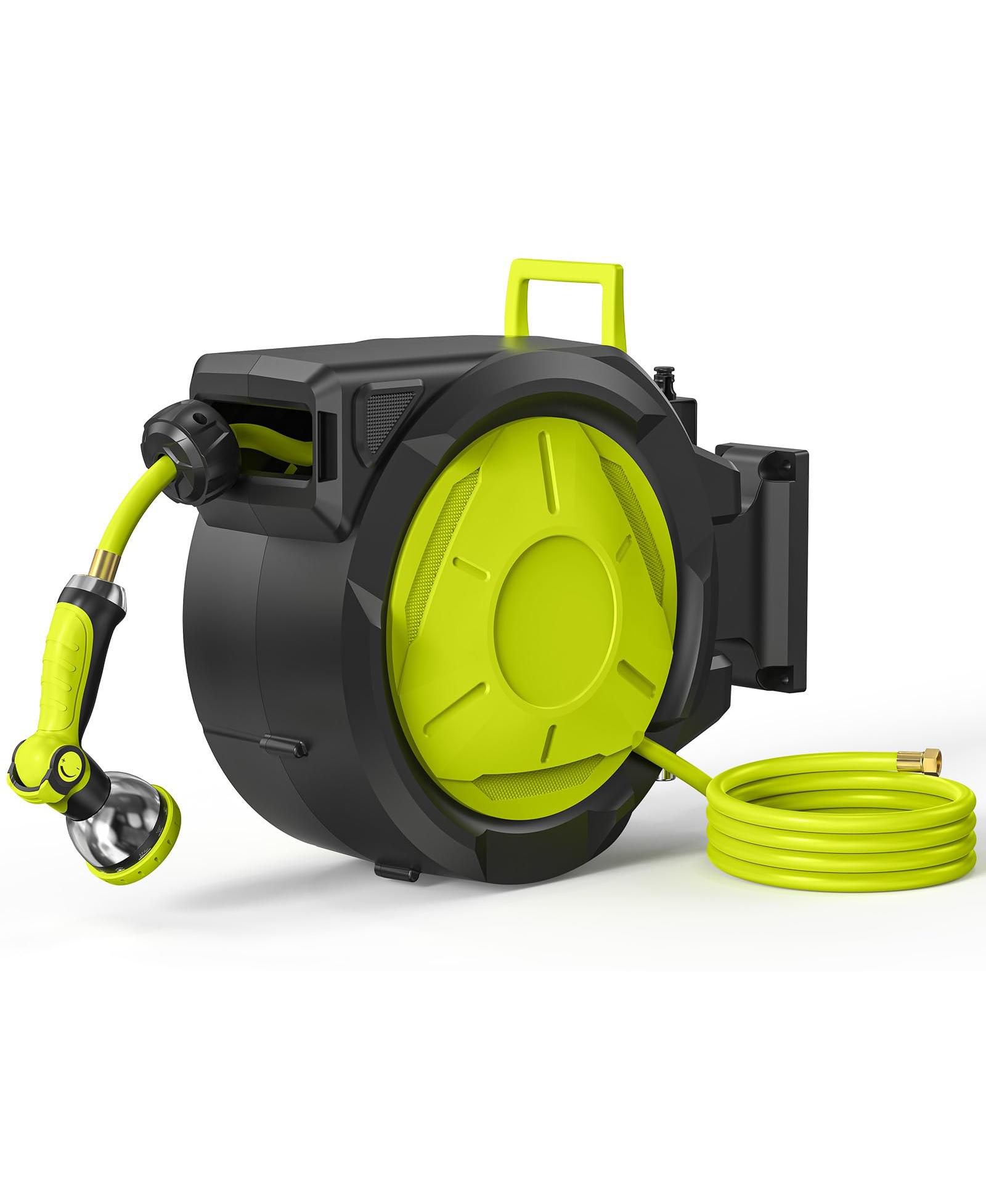 SUGIFT 65ft Retractable Garden Hose Reel with Auto Rewind, 180° Swivel & 10-Function Nozzle