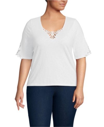 Lands' End Plus Size Elbow Sleeve Slub Lace Trim T-Shirt