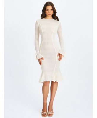 Miss Circle Women's Pamina Beige Crochet Long Sleeve Flare Mermaid Dress
