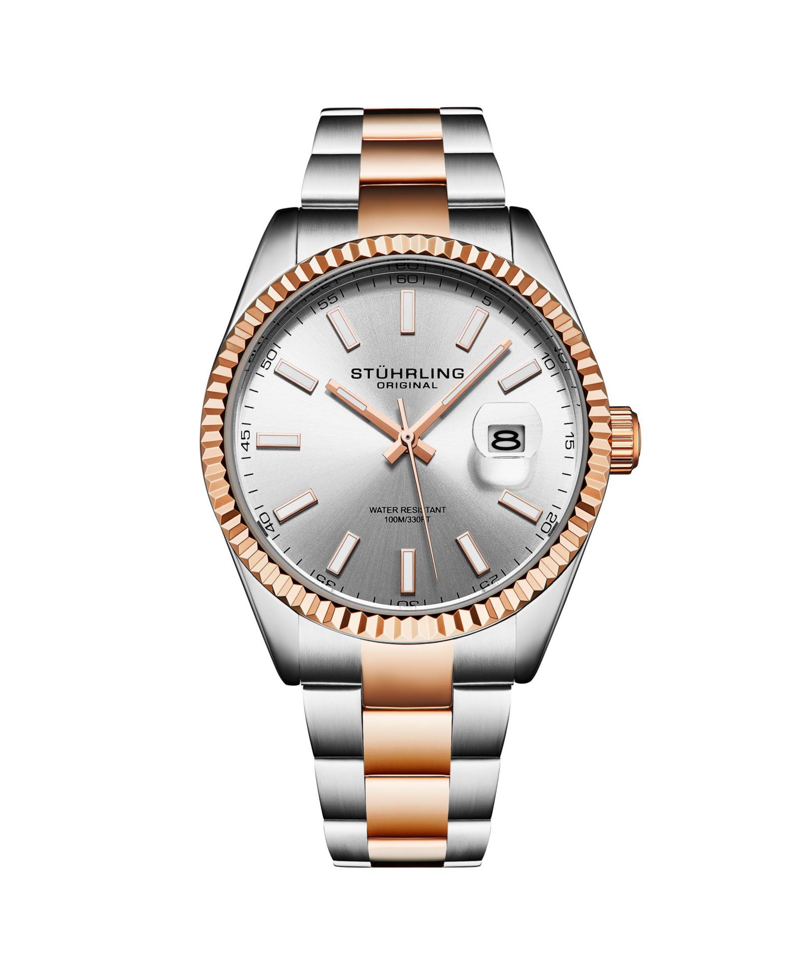 Stuhrling Vanguard 4069 Men s Quartz Watch - 42mm, Silver Dial, Rose Gold-Tone Bezel, Two-Tone Bracelet, Date, 100M Water Resistant