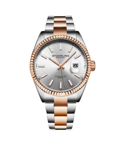 Stuhrling Vanguard 4069 Men s Quartz Watch - 42mm, Silver Dial, Rose Gold-Tone Bezel, Two-Tone Bracelet, Date, 100M Water Resistant