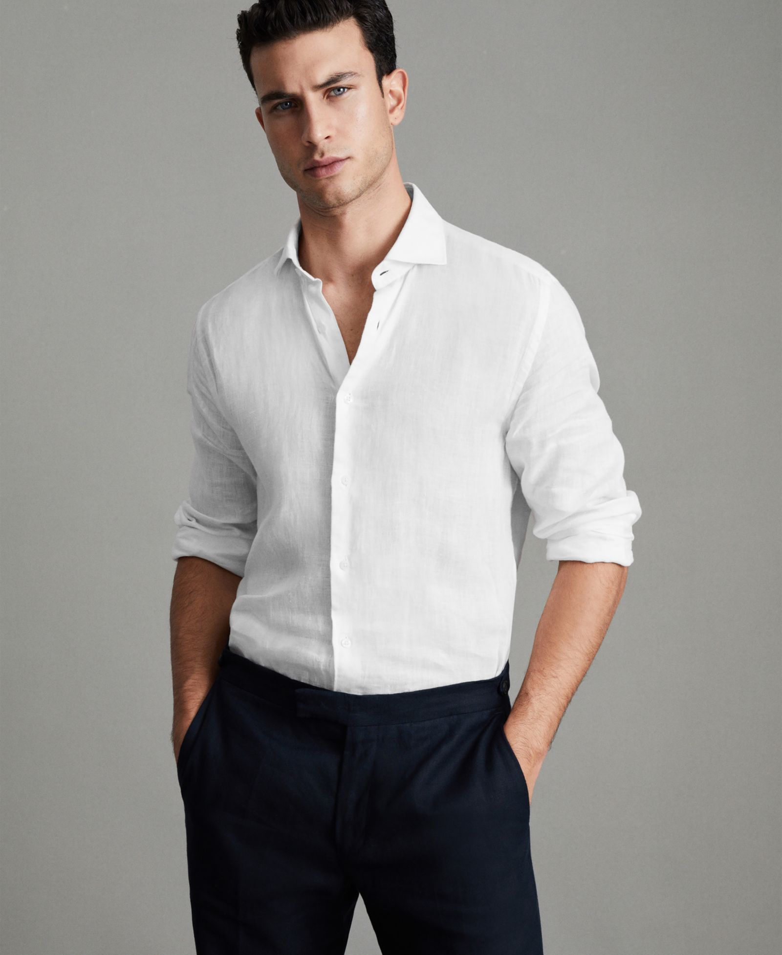 REISS Men's Ruban Linen Button-Through Shirt