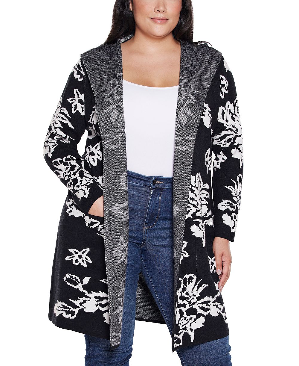 Belldini Plus Size  Hooded Fall Botanicals Coatigan Sweater
