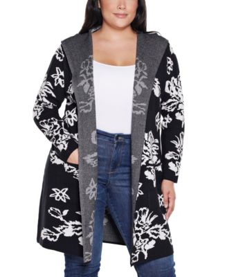 Belldini Plus Size  Hooded Fall Botanicals Coatigan Sweater