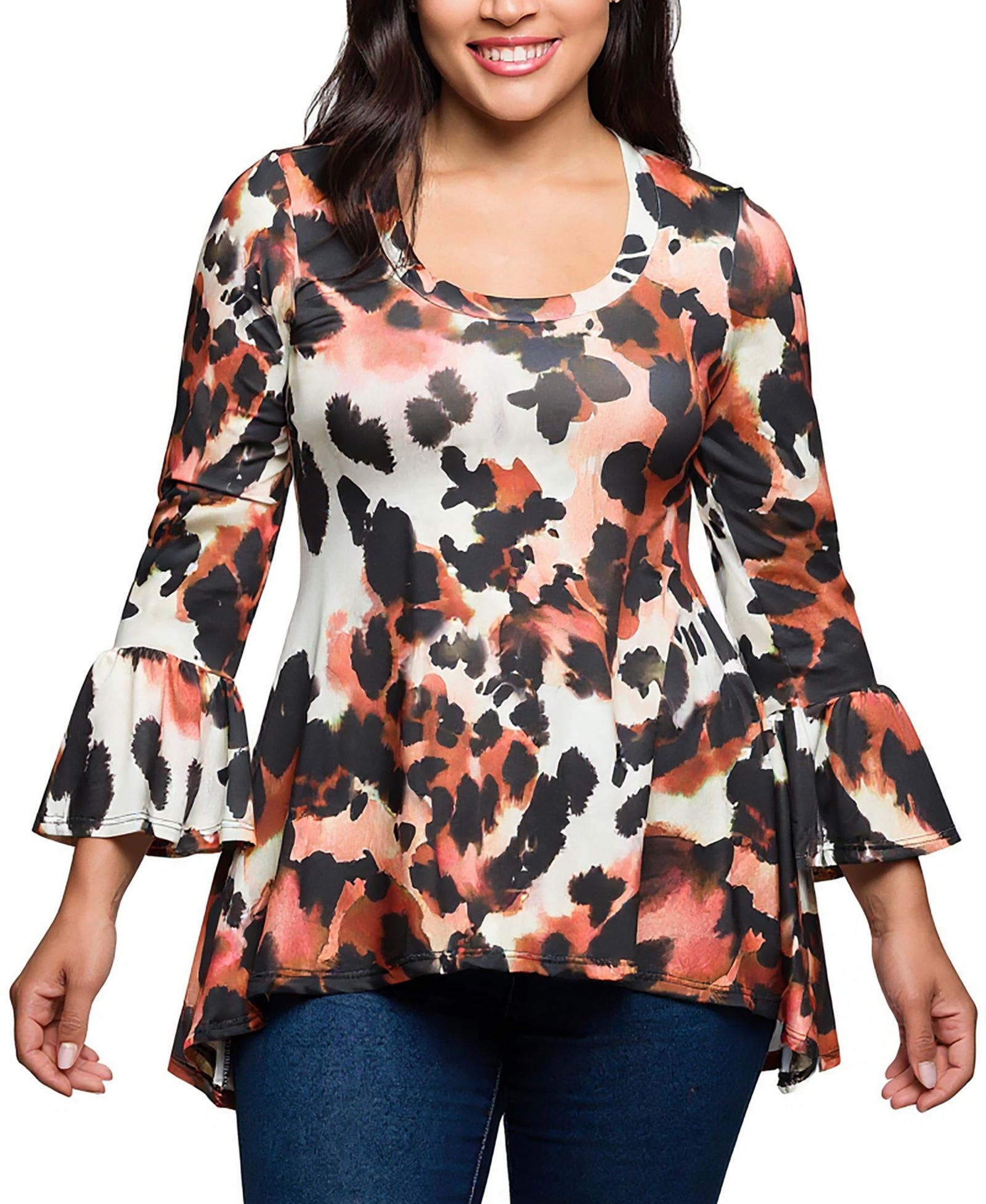 24seven Comfort Apparel Plus Size Scoop Neck Bell Sleeve Tunic Top
