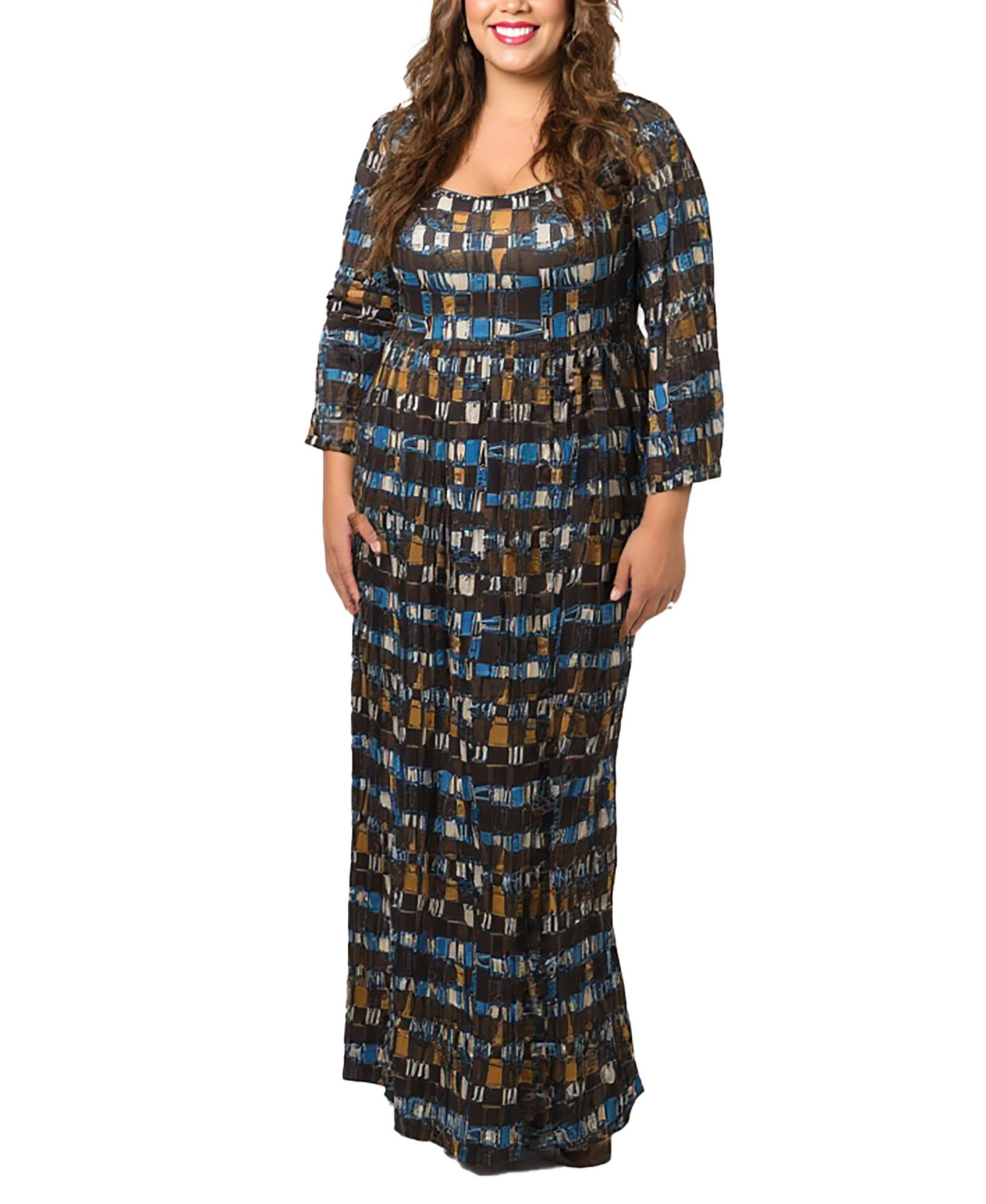 Платье 24seven Comfort Apparel Plus Size Brown Geometric Print, 3/4 Sleeve