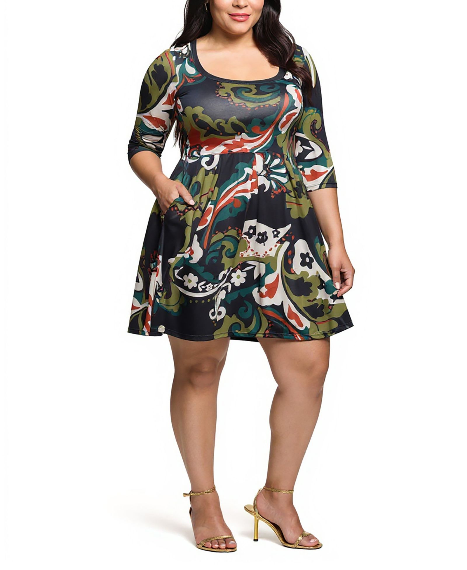 Платье 24seven Comfort Apparel Plus Size с рукавом три четверти и расклешенным подолом