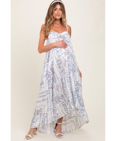 Pinkblush Women's Light Blue Hi-Lo Spaghetti Strap Patchwork Ruffle Maxi Dress