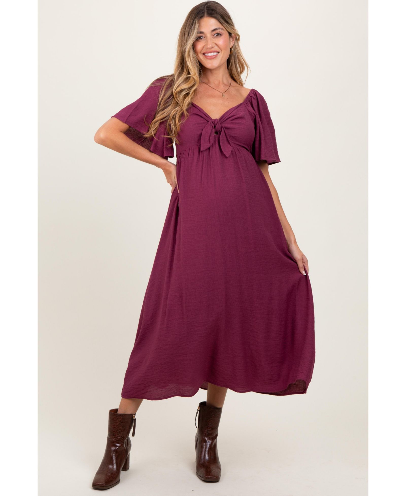 Pinkblush Women's Front Tie Ruffle Sleeve Midi Dress