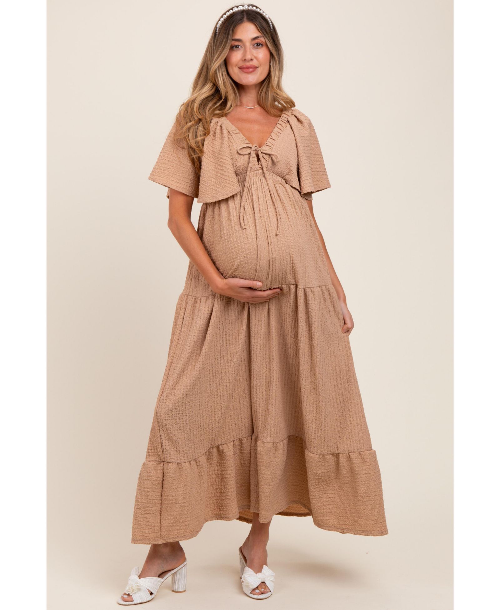 Pinkblush Women's Light Pink Woven Textured Flutter Sleeve V-Neck Tiered Maxi Dress