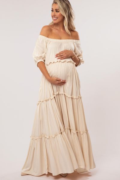 Pinkblush Women's Cream Off Shoulder Ruffle Tiered Maxi Dress