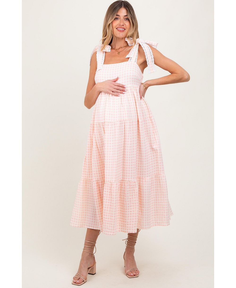 Женское макси-платье Pinkblush Light Pink Gingham Lace Trim Shoulder Tie