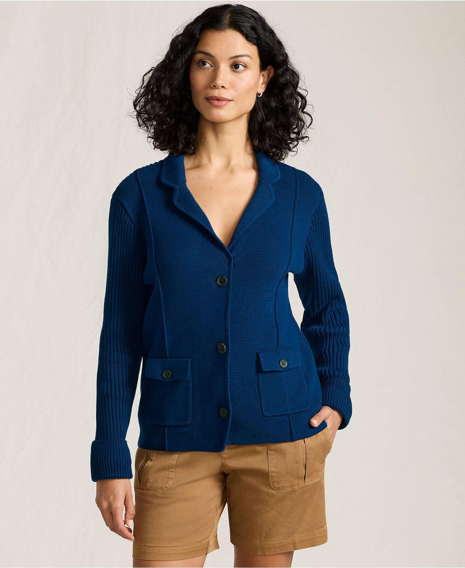 Lands' End Women's Petite Drifter Ribbed Collared Blazer Sweater