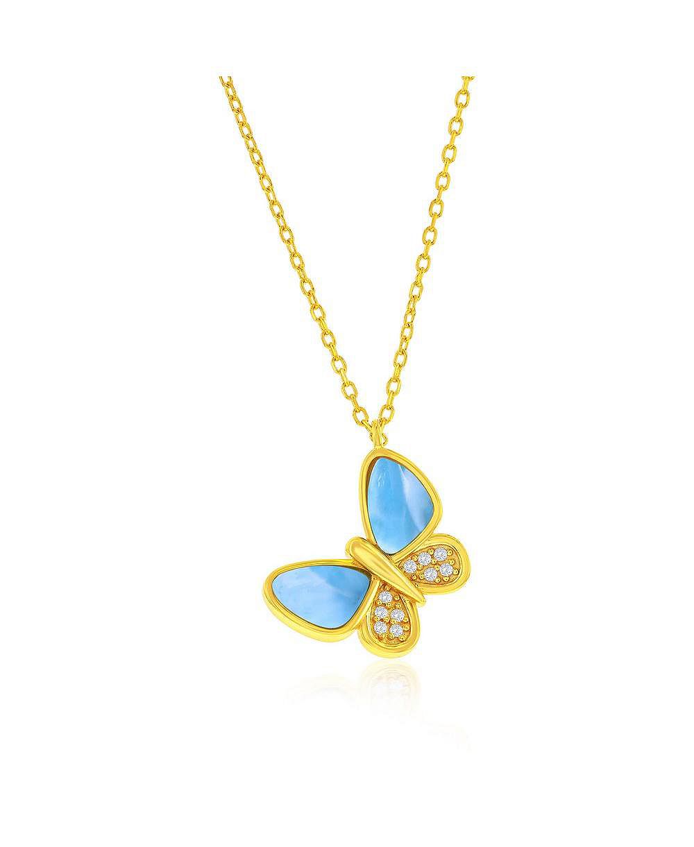 Sterling , Larimar & CZ Butterfly Necklace - Plated