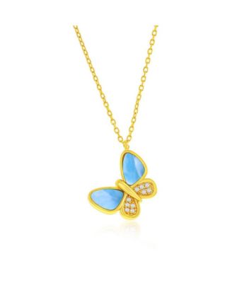 Sterling , Larimar & CZ Butterfly Necklace - Plated