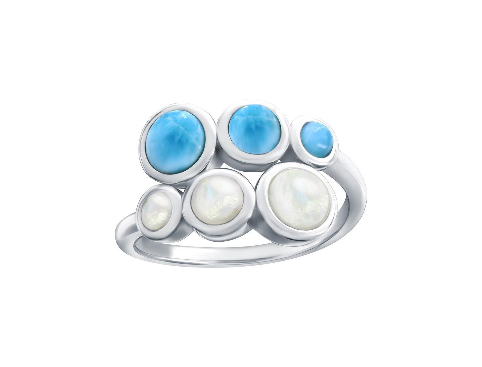 Серебряное кольцо с градиентными круглыми камнями MOP и Larimar
