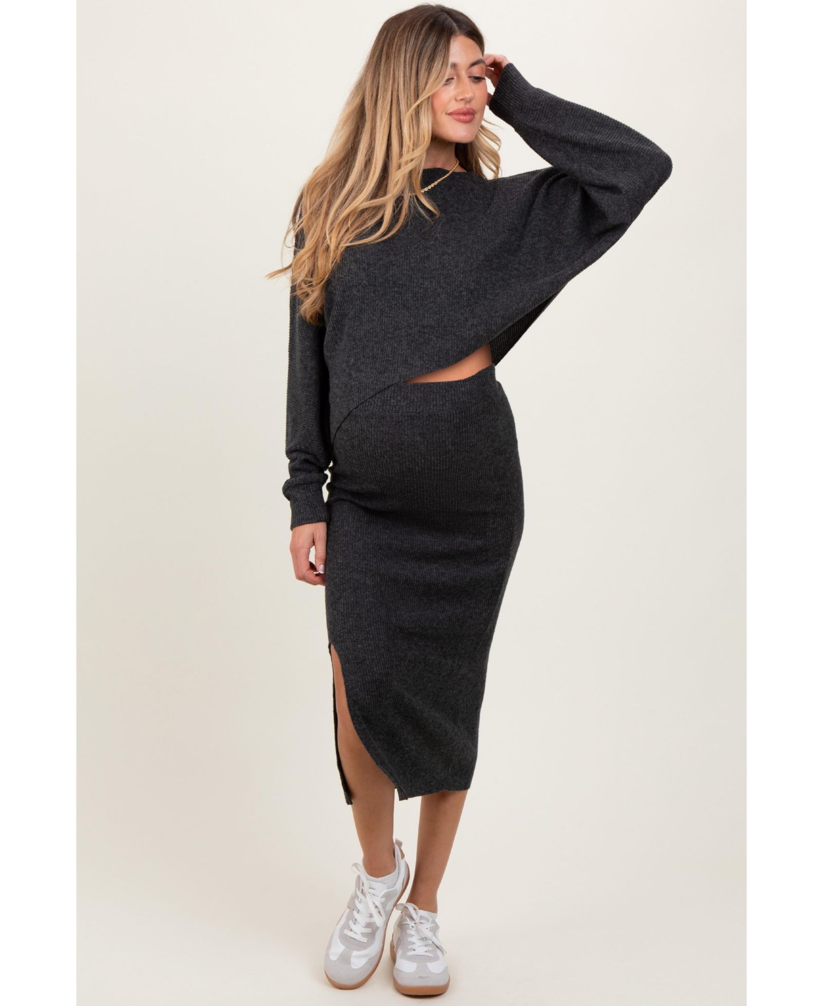 Pinkblush Women's Heather Grey Ribbed Knit Asymmetric Top Midi Skirt Set