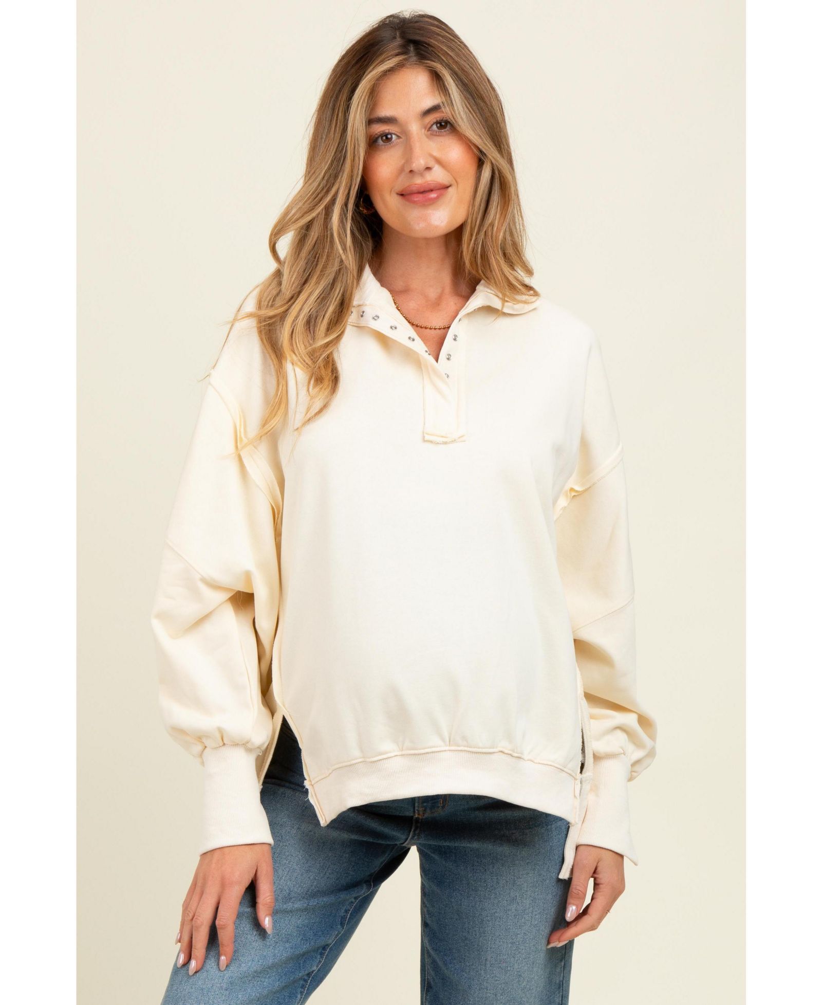 Pinkblush Women's Cream Snap Button Pullover Henley Sweatshirt