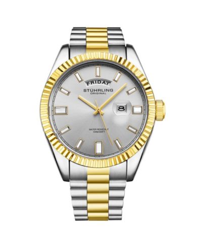 Stuhrling Statesman 4070 Men s Watch – Two-Tone Bracelet, Silver Dial, Day-Date Quartz, 42mm Fluted Bezel