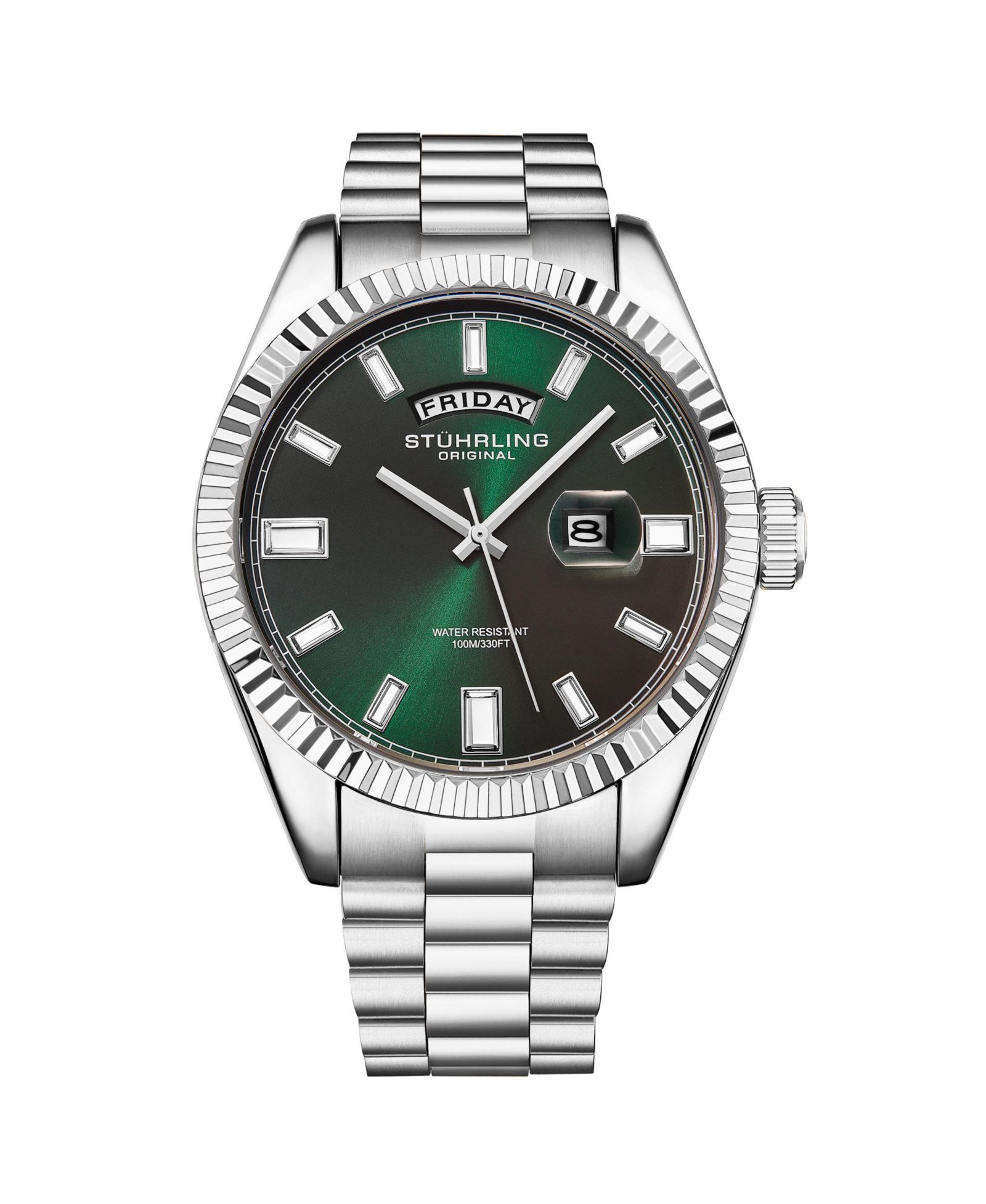 Stuhrling Statesman 4070 Men s Watch – Stainless Steel Bracelet, Green Dial, Day-Date Quartz, 42mm Fluted Bezel