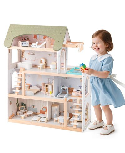 Mecale Wooden 3-Story 7-Room Dollhouse with 33-Piece Furniture Set, Ages 3+