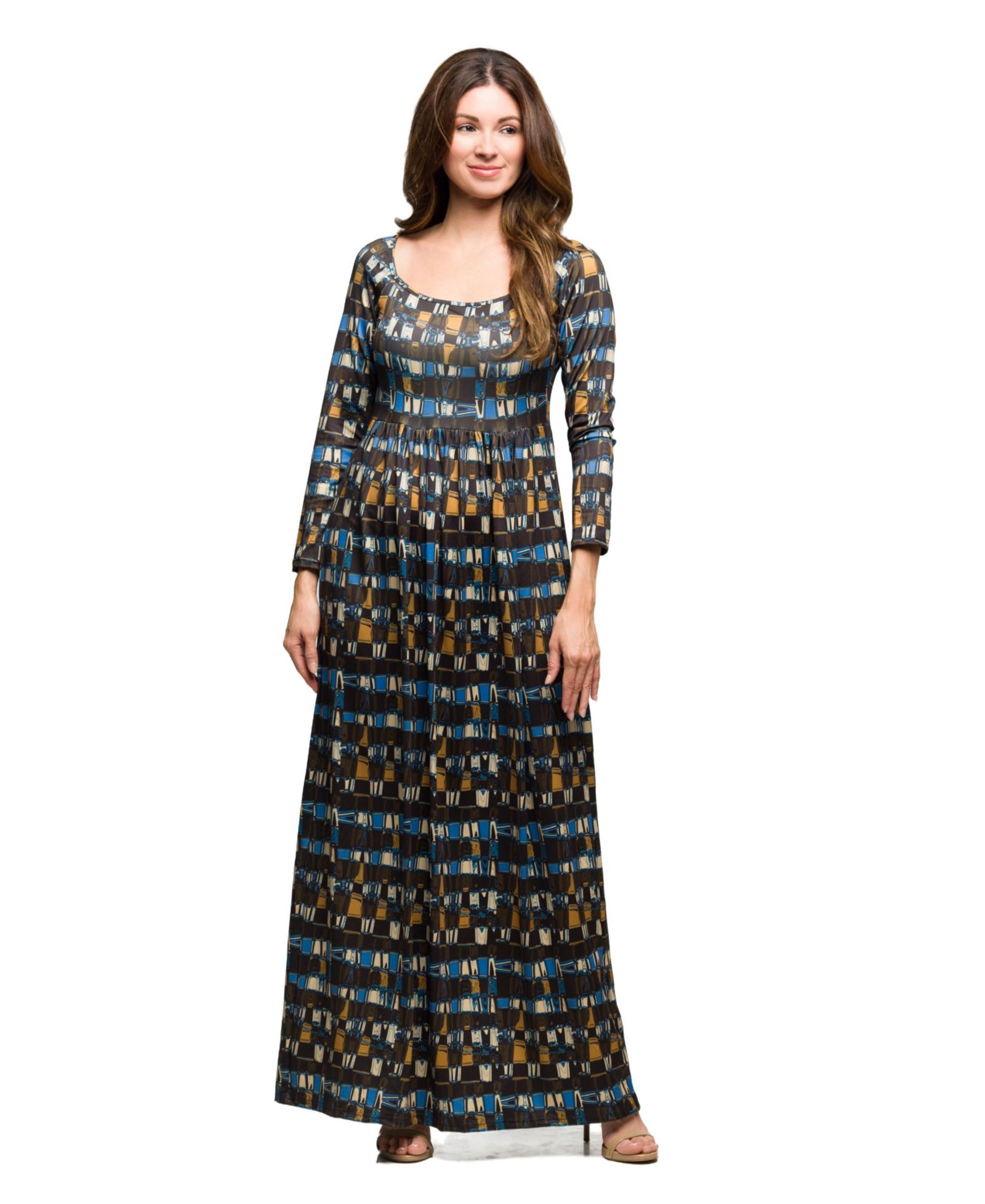 24seven Comfort Apparel Women's Brown Geometric Print Long Sleeve Dress