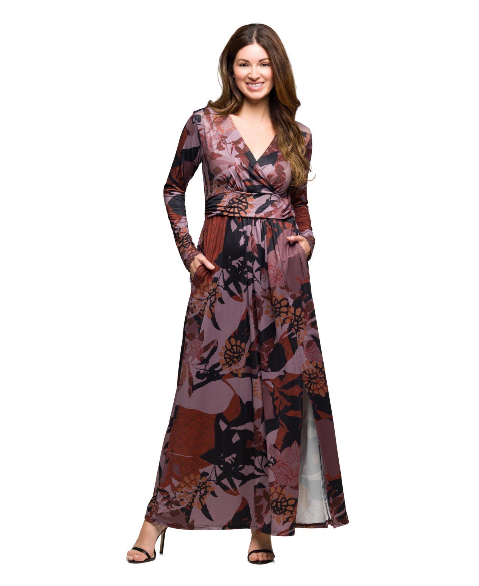 Женское платье макси 24seven Comfort Apparel Gray Floral Print Long Sleeve Wrap