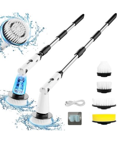 COWIN Electric Spin Scrubber - Power Shower Cleaning Brush with Extendable Handle & 4 Brush Heads for Bathrooms Window and Floor White/Black