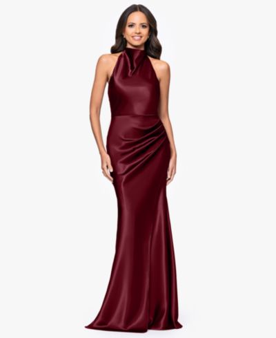 Betsy & Adam Petite Cowl Halter Neck Charmeuse Long Dress