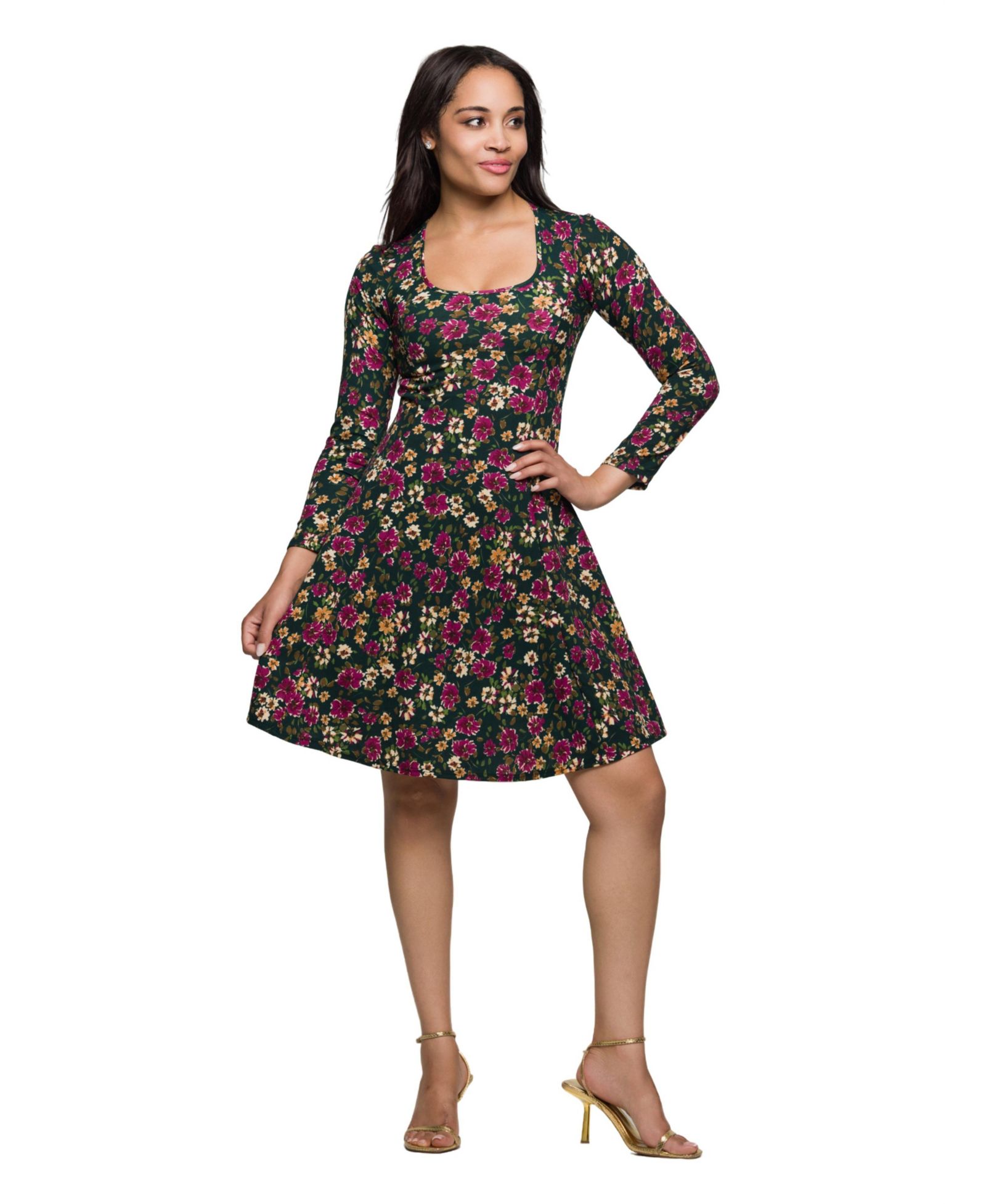 Женское мини-платье 24seven Comfort Apparel Women's Floral Print Long Sleeve Fit and Flare