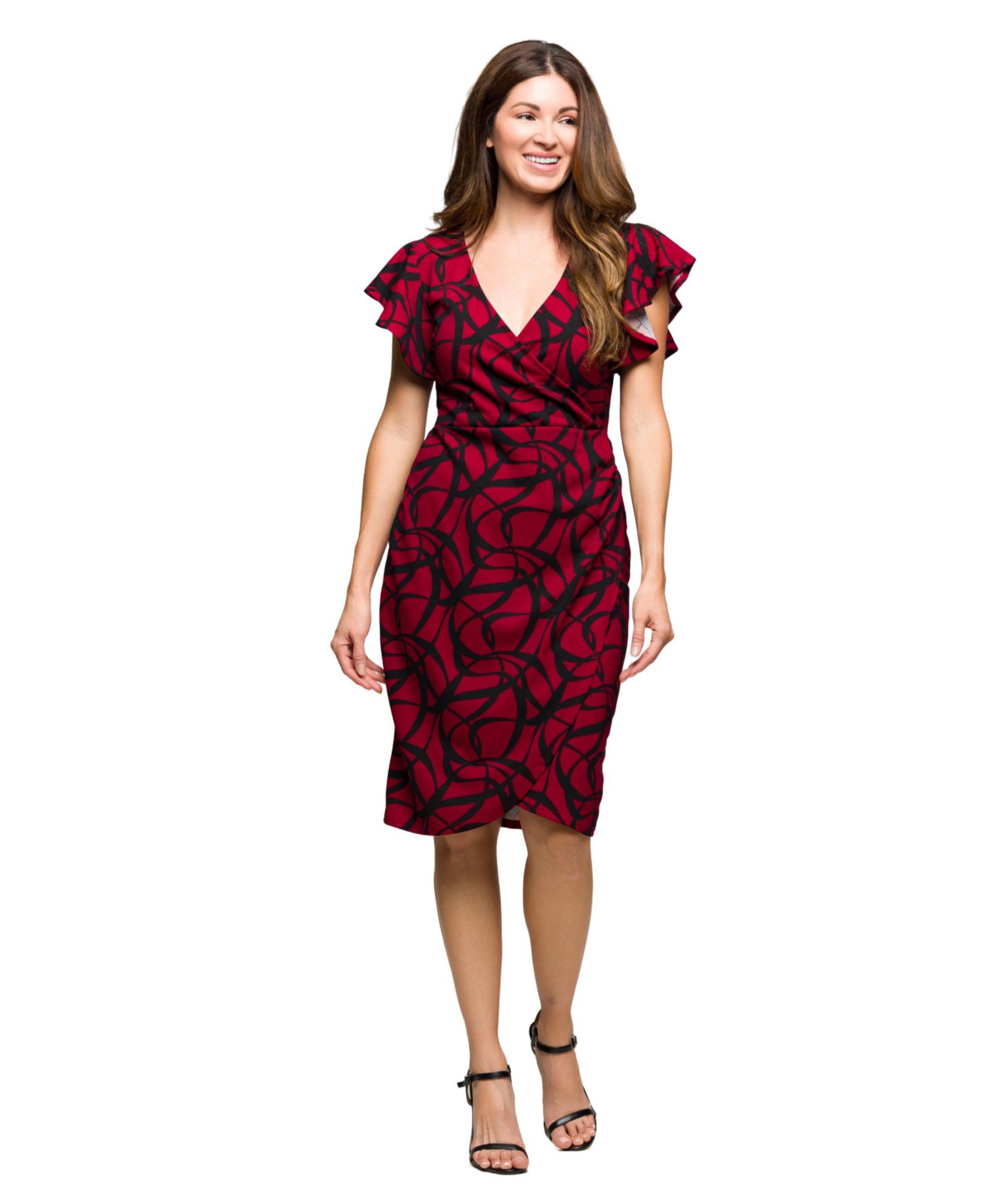 24seven Comfort Apparel Women's Burgundy Print Flutter Sleeve Faux Wrap Dress