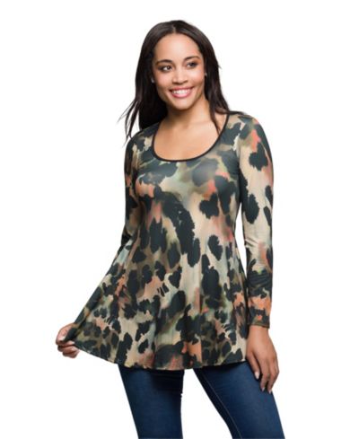 24seven Comfort Apparel Women's Multiprint Long Sleeve Scoop Neck Top