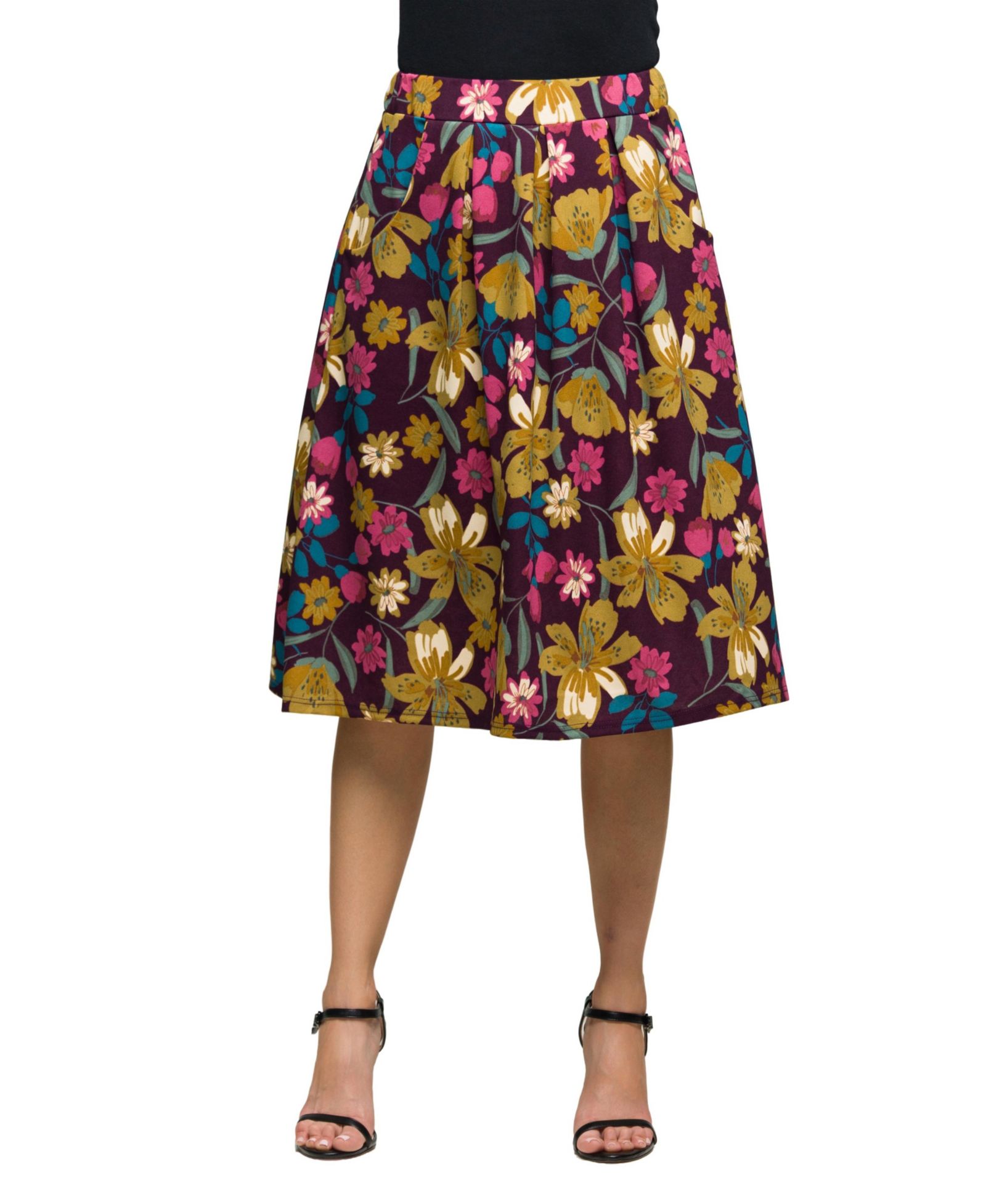 Юбка миди 24seven Comfort Apparel Women's Purple Floral Elastic Waist Pocket