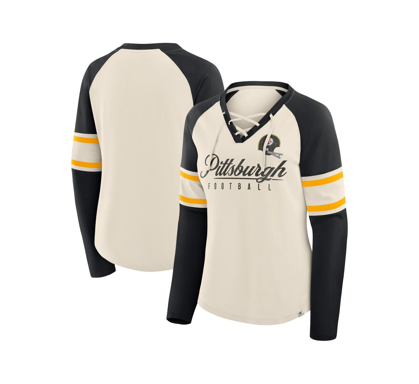 Женская футболка Fanatics Pittsburgh Steelers Hometown Gridiron Hero Raglan с завязками, кремовая/черная