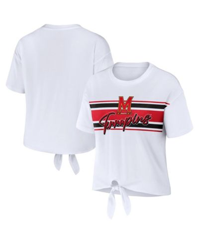 WEAR by Erin Andrews Women's White Maryland Terrapins Striped Front Knot Cropped T-Shirt