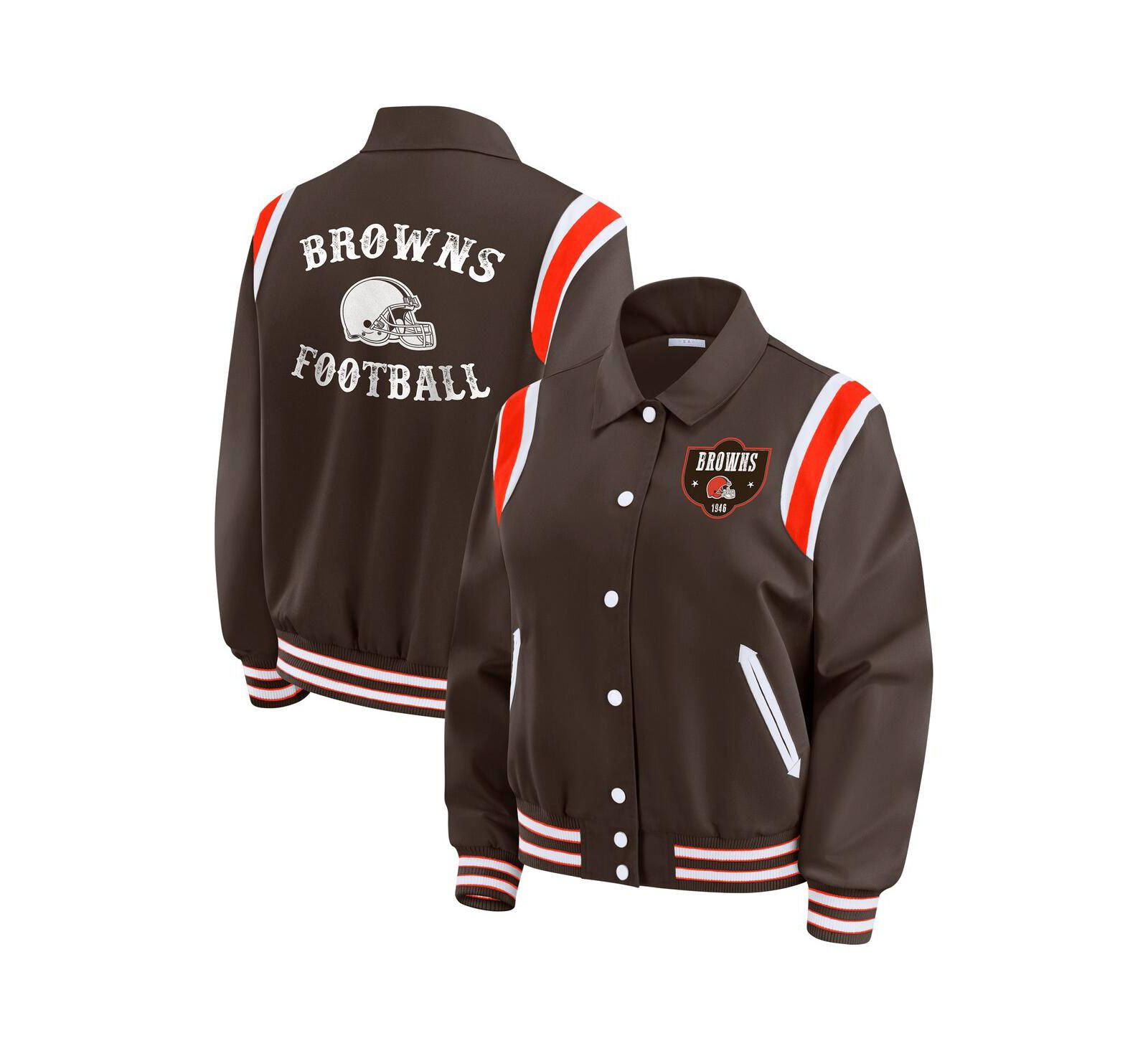 Женская куртка WEAR by Erin Andrews Cleveland Browns Varsity Lightweight Full-Snap коричневого цвета